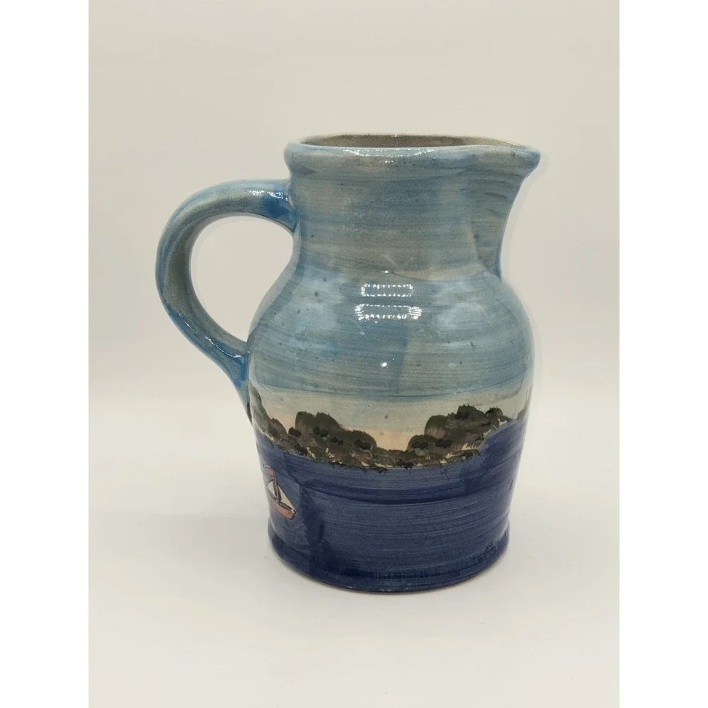 WCL Pottery Hand Painted Lighthouse Pitcher Coastal Nautical Ceramic Jug